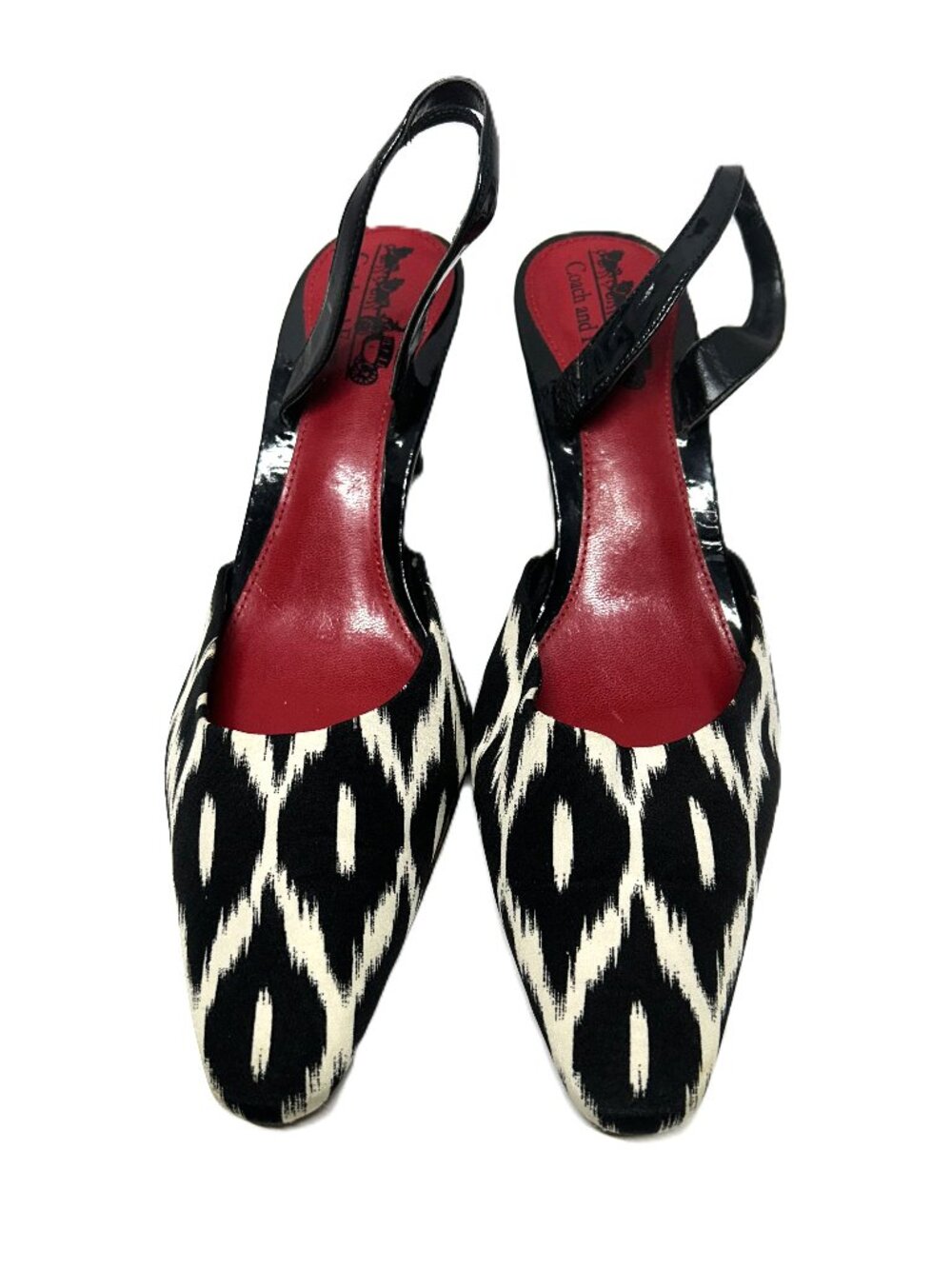 Coach and Four black and cream print fabric pointy toe heels in size 8
